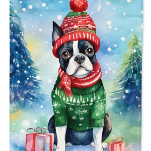 Boston Terrier Christmas House Flag Large Porch Sleeve Pole Decorative Outside Yard Banner Artwork Wall Hanging, Polyester, House Size, Multicolor