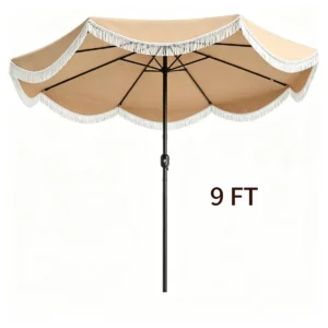 9 ft Boho Patio Umbrella with Tassel Fringe, 30 Tilt Outdoor Market Umbrella with Crank & Vent, Metal Frame Sun Shade for Backyard Pool Garden