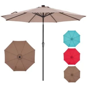 10 ft Patio Umbrella for Table, Outdoor Sun Umbrella with 32 LED Solar Lights, Khaki