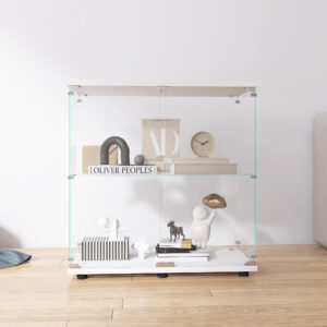 Two-door Glass Display Cabinet 2 Shelves With Door, Floor Standing Curio Bookshelf For Living Room Bedroom Office, 33.35x31.69 X14.37 ,White