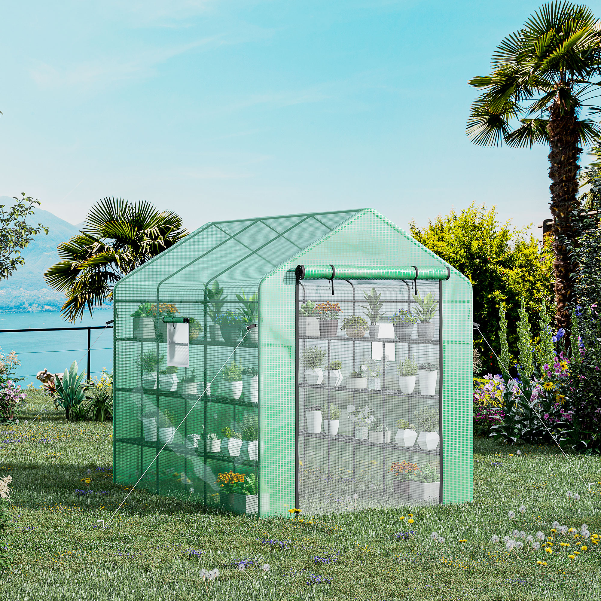 8 x 6 x 7 Temporary Greenhouse for Growing Flowers with Mesh Door & Windows Green