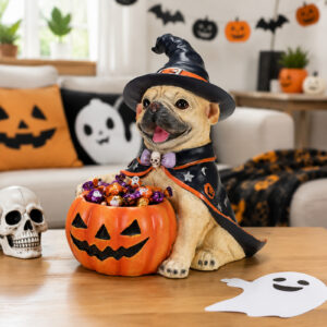 Halloween Frenchie Witch Puppy Figurine, Cute Dog Holding Pumpkin Candy Bowl Decoration