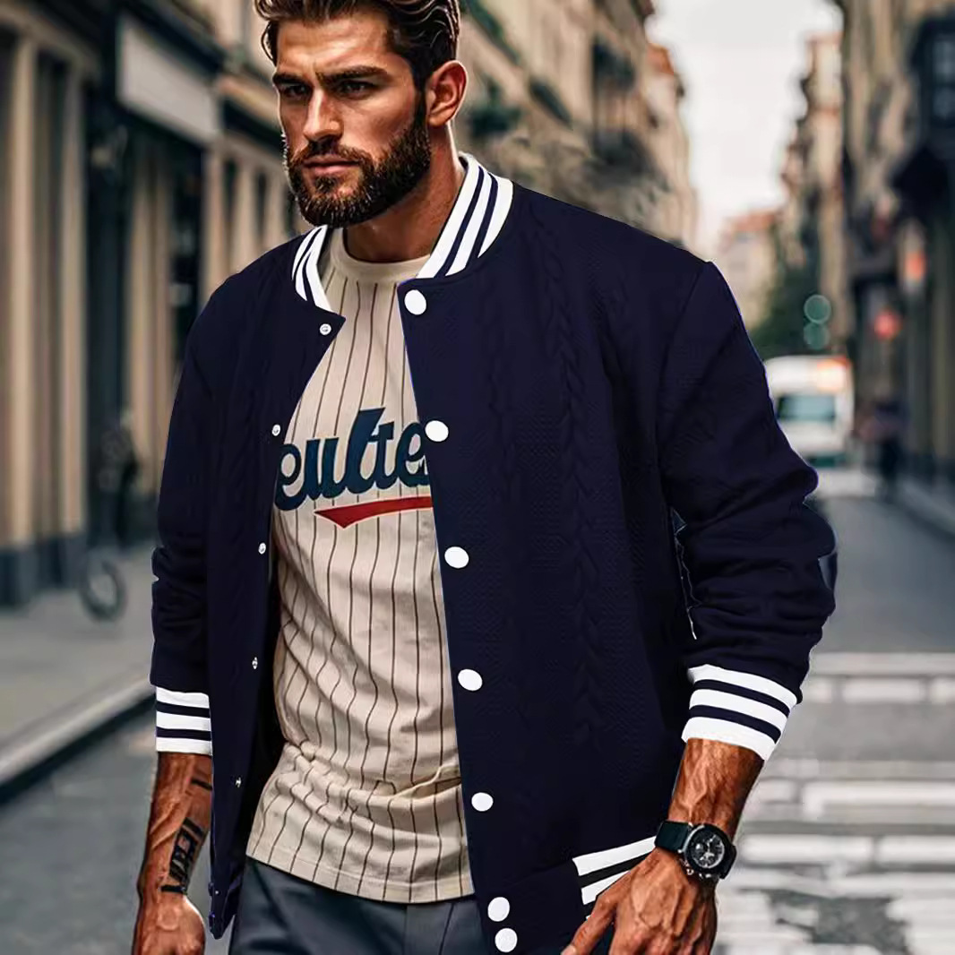 Jacquard Button Design Trendy Fashion Solid Color Men's Cardigan Baseball Jacket