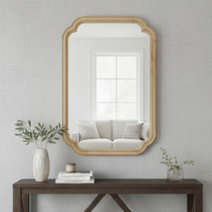 Natural Wood Color 24 X 36 Solid Wood Frame Rounded Corner Decorative Mirror, For Bedroom, Bathroom, Living Room, Entryway