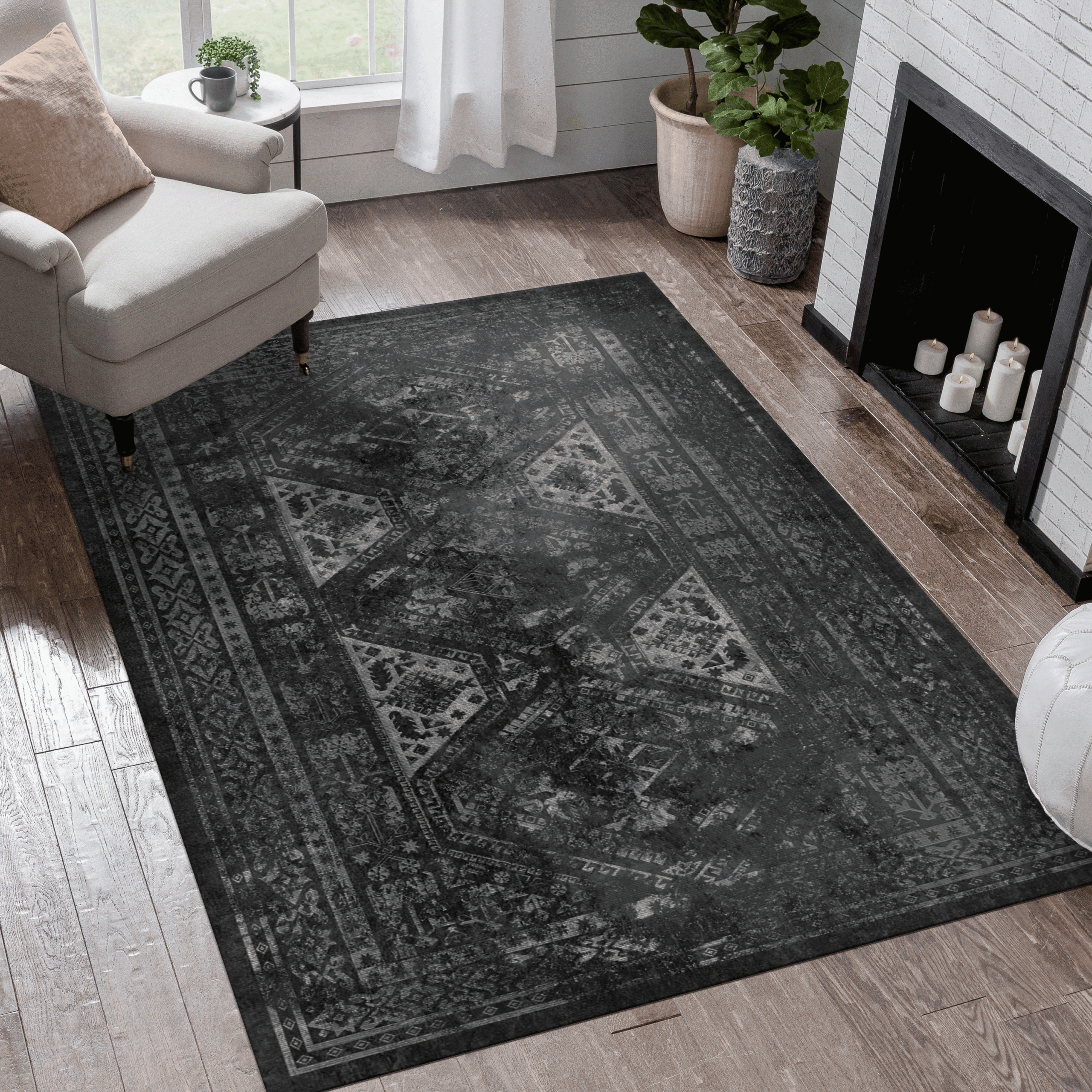MAVAL Black Washable Rug 5x8 Area Rug Black Gray, 5' X 8'