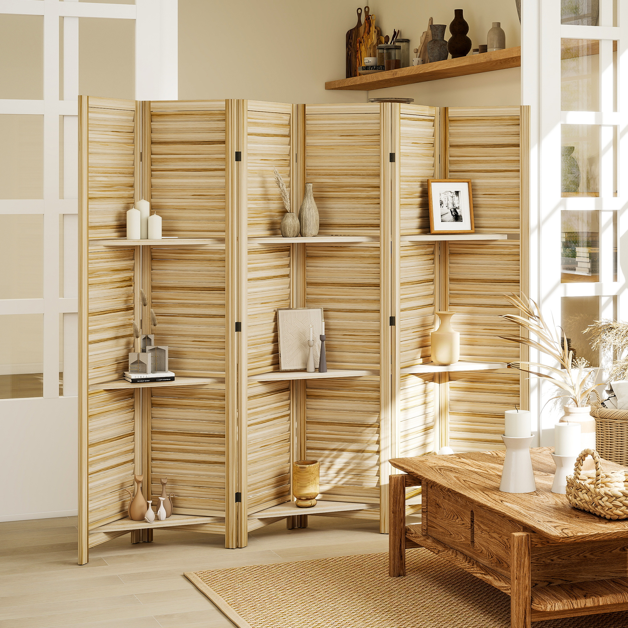 6 Panel 67" Tall Wood Privacy Screen Room Divider with 3 Shelves and Folding Storage for Bedroom, Natural Wood