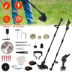 3-in-1 Cordless Electric Pole Saw & Mini Chainsaw & Grass Trimmer Kit With Adjustable Length 2Pcs 21V 1500mAh Batteries 4in/6in Chains Saw Blade 5Pcs Plastic Blades