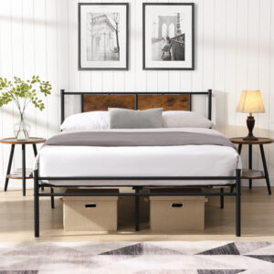 Queen Size Metal Bedframe,Headboard With Wood Panel Decoration,black