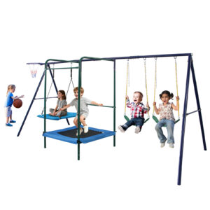4 In 1 Swing Set With Belt Swing, Hammock Swing, Trampolone,Basket Rim For