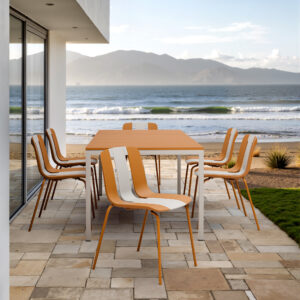 Summer - 4-Pack Modern Striped Color Block Chairs – Indoor/Outdoor PP Plastic Seat & Sturdy Metal Legs, Vibrant White, Orange, Beige – for Living Room, Balcony, Café, Terrace
