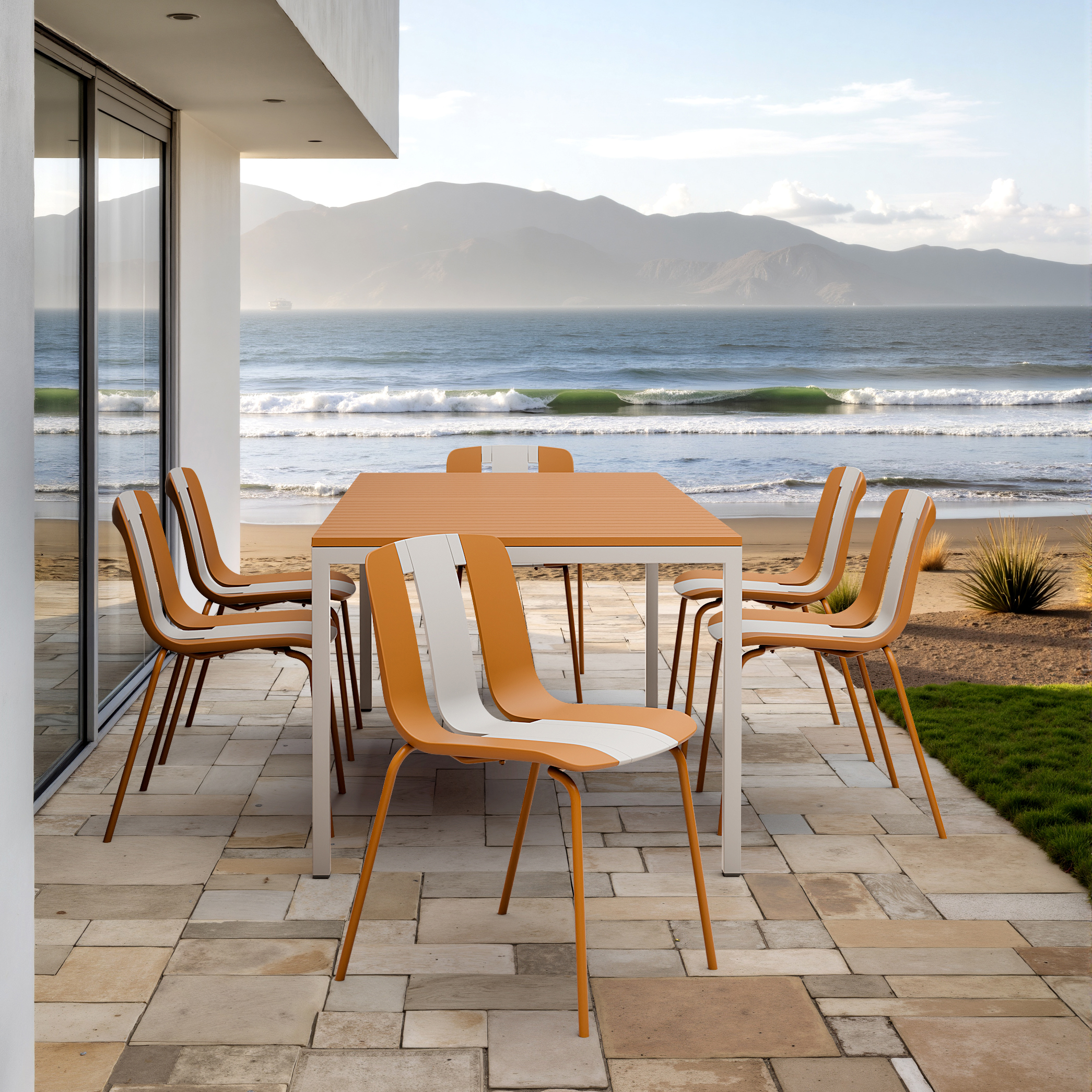 Summer - 4-Pack Modern Striped Color Block Chairs – Indoor/Outdoor PP Plastic Seat & Sturdy Metal Legs, Vibrant White, Orange, Beige – for Living Room, Balcony, Café, Terrace