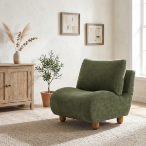 30.1" Modern Curved Accent Chair, Linen Blend Upholstered Single Sofa Chair with Rounded Edges, Armless Lounge Chair with Wood Legs for Living Room, Bedroom & Corner Spaces