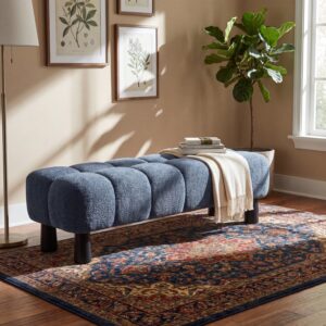 62.6'' Blue Upholstered Bench Ottoman, Plywood & Rubberwood Frame End of Bed Bench Holds 350lbs