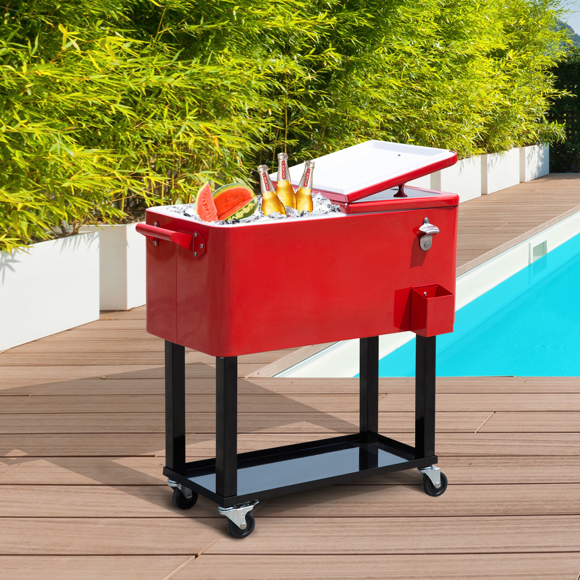80 QT Rolling Cooling Bins Ice Chest on Wheels Outdoor Stand Up Drink Cooler Cart for Party, Red