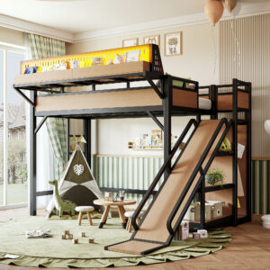 Twin XL Size Loft Bed With Slide, Storage Shelves And Built-in Wardrobe, Metal Loft Bed Frame With USB Ports And LED Lights, With Pegboard, Safety And Solid, Natural