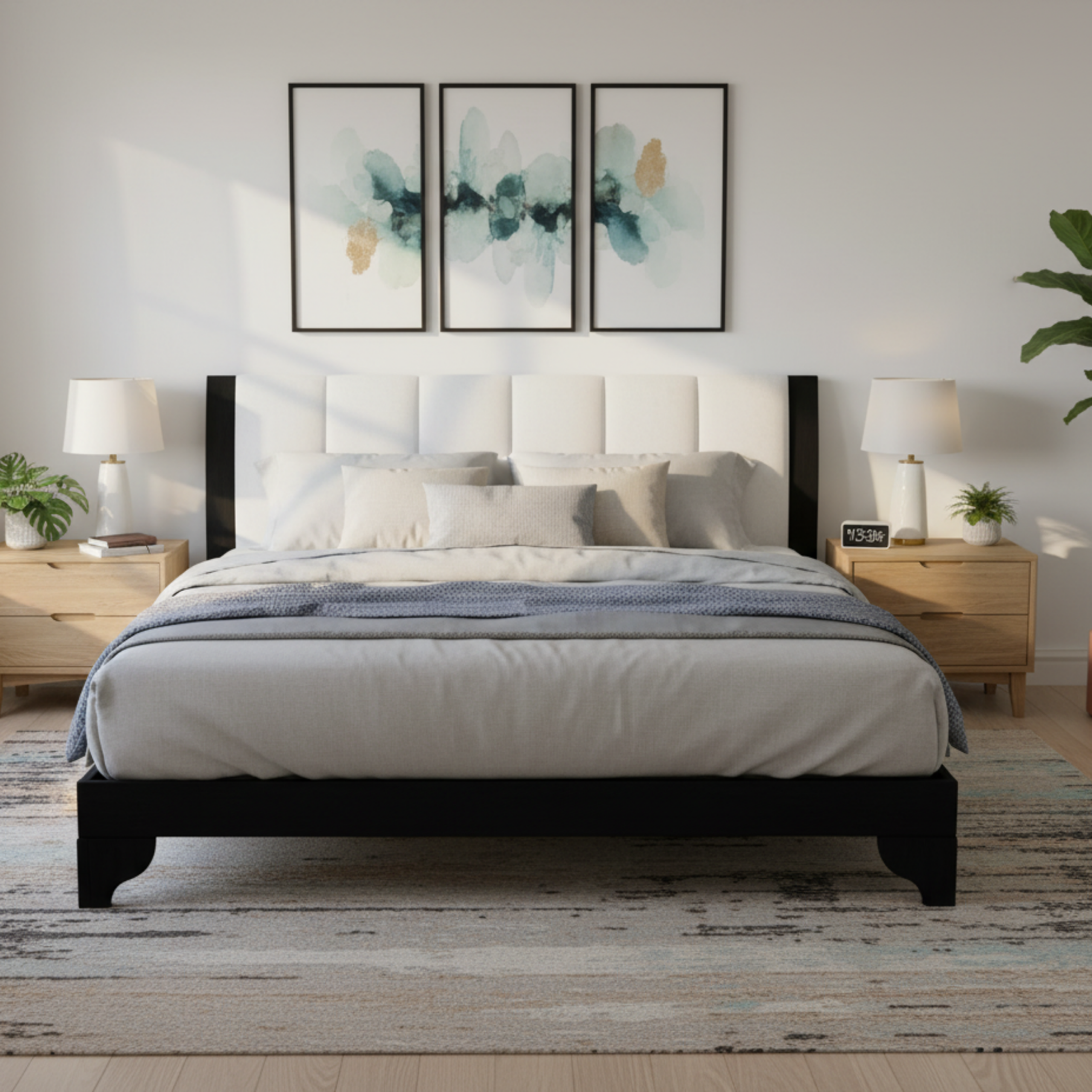 Queen Size Bed Frame Black White Pine Manufactured Wood 82.7x 69.7 6-8 Mattress 500 Lbs No Box Spring Modern Bedroom Furniture