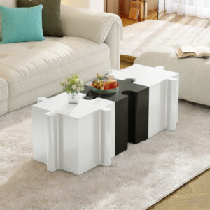 3-Piece Artistic Puzzle Table Set,Modular MGO Side Tables With Interlocking Design 2 Convex & 1 Concave , 200lb Capacity For Indoor & Outdoor,White & Black Color