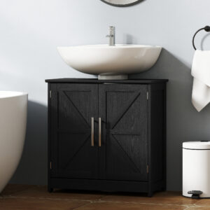 Farmhouse Pedestal Sink Storage Cabinet, Bathroom Sink Cabinet with 2 Barn Doors and Adjustable Shelf, Distressed Black