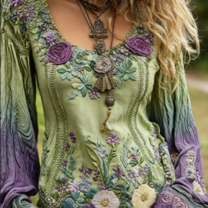 Grass And Flower Embroidered Linen Shirt