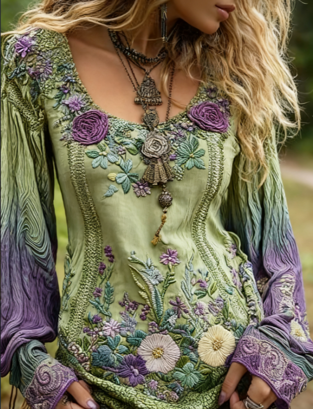 Grass And Flower Embroidered Linen Shirt
