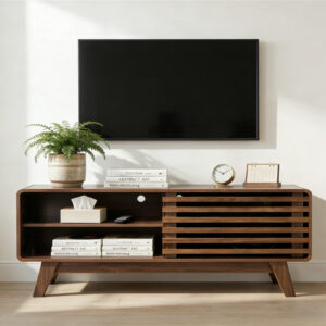TV Stand With Storage, Entertainment Center With Slatted Sliding Door, Mid Century Modern TV Stand, Farmhouse Media Console For Living Room Walnut, 46