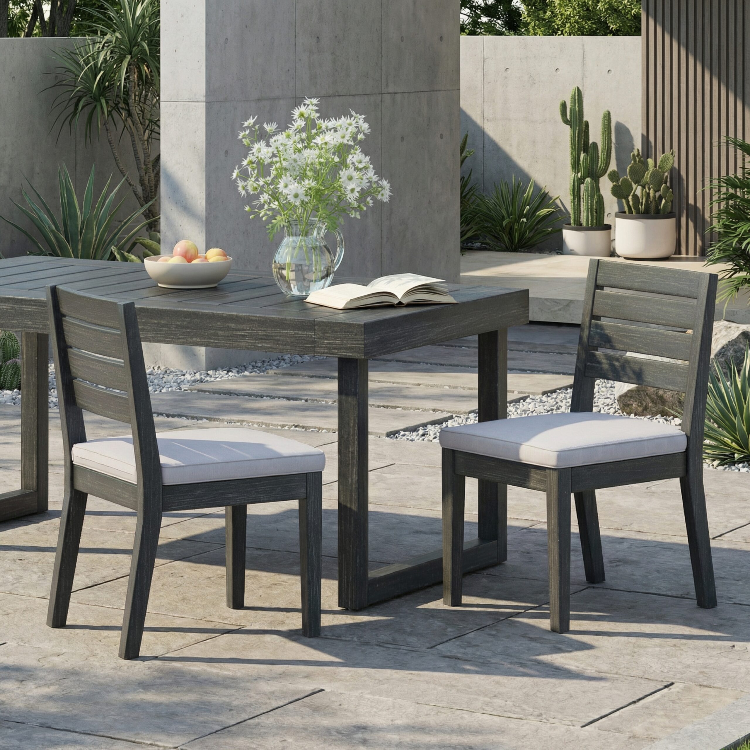 Outdoor Acacia Wood Armless Dining Chair With Cushions Set Of 2 , Sandblasted Dark Gray Light Gray