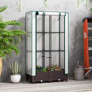 Garden Bed with Trellis, Outdoor Plant Box with PE Cover, Drainage Holes and Zipper Door, 31.5" x 15.7" x 48.8", Brown