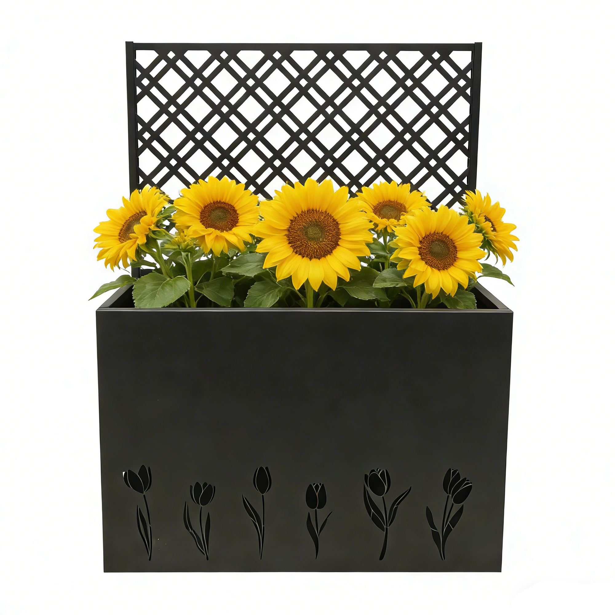 Tall Metal Planter Raised Garden Bed With Trellis 35.5in L X 11.9in W X 47.3in H - Large Flower Box Privacy Screen For Porch, Patio, Garden, Commercial Decor, Tulip Black