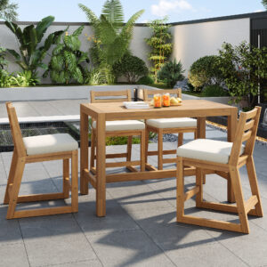 TREXM 5-Piece Rustic Patio Bar Set Patio Table And Chairs Set With Ergonomic Chairs Solid Wood Slatted Tabletop For Poolside Balcony Backyard Porch Light Teak Beige Cushion