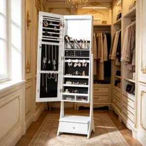 Vintage Style Jewelry Cabinet With 3 Shelves And Foldable Storage