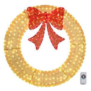 60in Pre-Lit Outdoor Christmas Wreath Decoration, LED Metal Holiday Decor For Home Exterior, Garden W 400 Lights, Bow - Gold Red