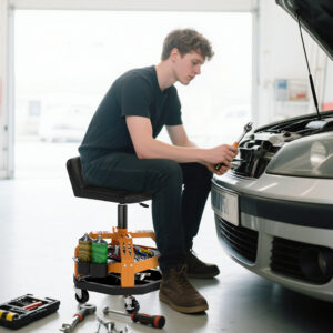 Rolling Creeper Garage Stool, 300 LBS Capacity Mechanic Stool with 360° Wheels, Tool Tray, Adjustable Height, Yellow