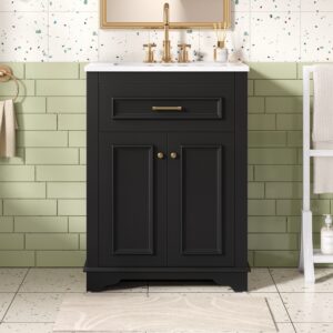 24 Bathroom Vanity With Integrated Ceramic Sink, Bathroom Cabinet With 2 Doors, 1 Tip-Out Drawer, Single Sink Bathroom Vanity For Small And Medium Restroom, Black