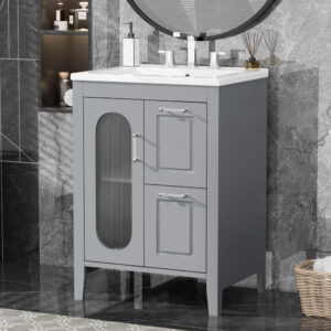 24 Bathroom Vanity With Sink, Bathroom Vanity Cabinet With Two Drawers And Door, Adjustable Shelf, Solid Wood And MDF, Grey