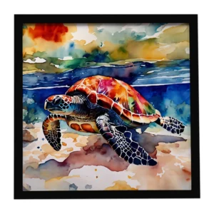 Loggerhead Sea Turtle Framed Metal Print Bathroom, Kitchen, Office, Home Decor Wall Art Ready to Hang, Square, 8X8