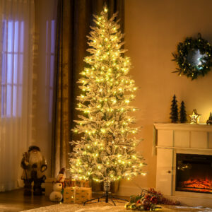 7.5 Pre Lit Artificial Flocked Christmas Trees, with Snow Branches, Warm Yellow Clear Lights, Auto Open, Extra Bulb