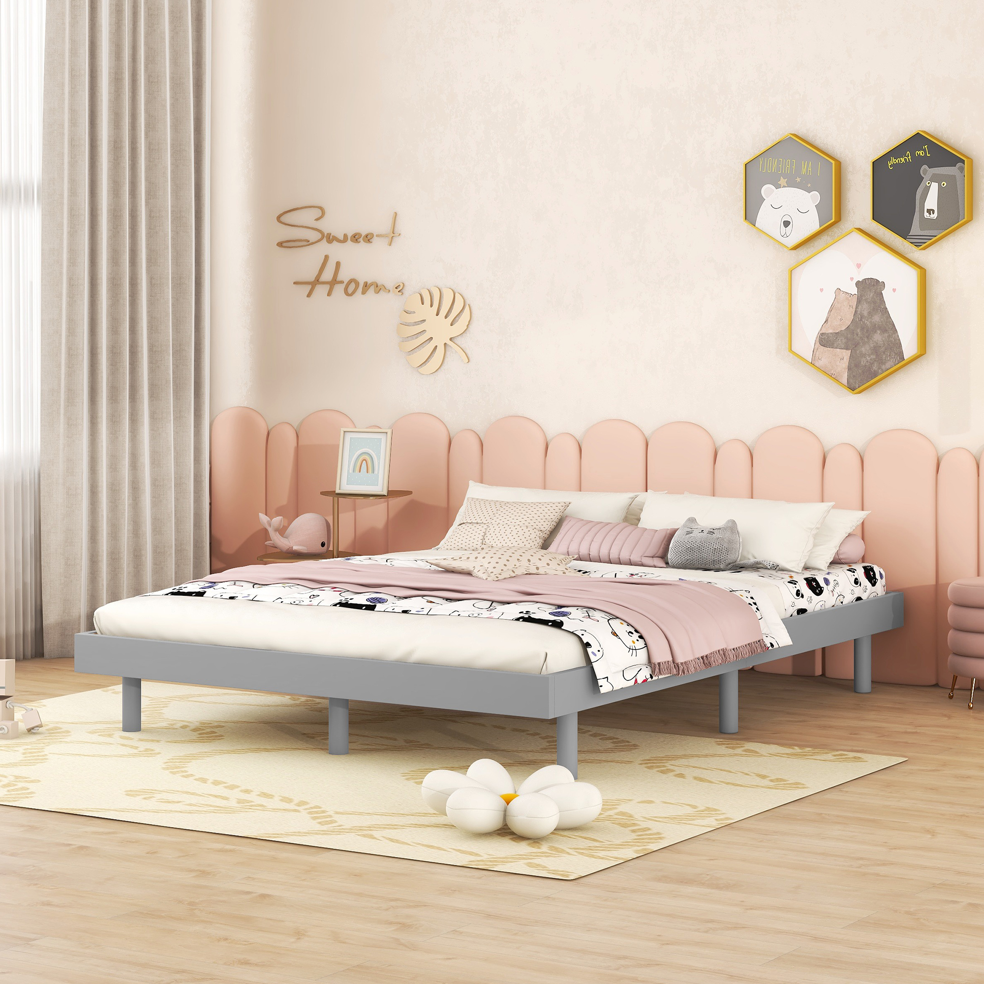 Modern Design Full Floating Platform Bed Frame For Grey Color