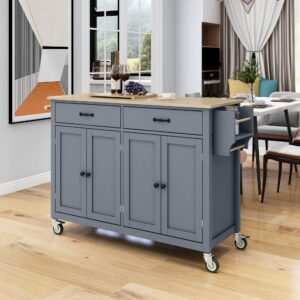 Kitchen Island Cart With Solid Wood Top And Locking Wheels,54.3 Inch Width,4 Door Cabinet And Two Drawers,Spice Rack, Towel Rack Grey Blue