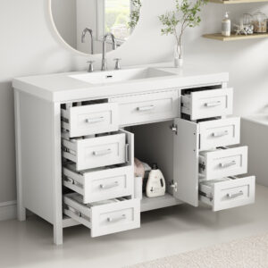 Video 48 Bathroom Vanity With Sink, 2 Doors And 8 Drawers, Soft Close System, Classic Design, White
