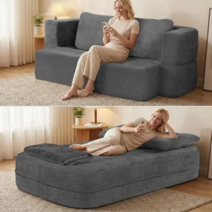 Convertible Sofa Bed with Blanket, Boneless Cloud Couch Queen Scott Fabric for Living Room Bedroom, Modular Loveseat with High-Density Solid Sponge No Assembly, Grey