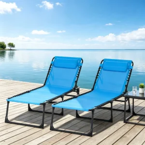 Sky Blue Set of 2 Folding Chaise Lounge Chairs Sun Tanning Chairs for Beach Camping Outdoor