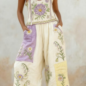 Bohemian Style Rose Embroidered Floral Patchwork Jumpsuit