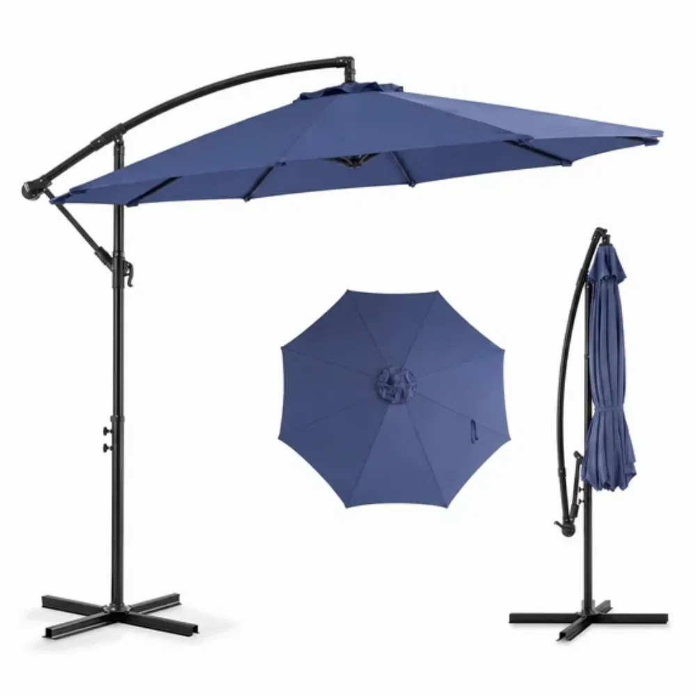 9.8FT Offset Cantilever Patio Umbrella with Crank & 8 Ribs, Easy Tilt Adjustment, UV Protection for Backyard Patio Lawn,blue