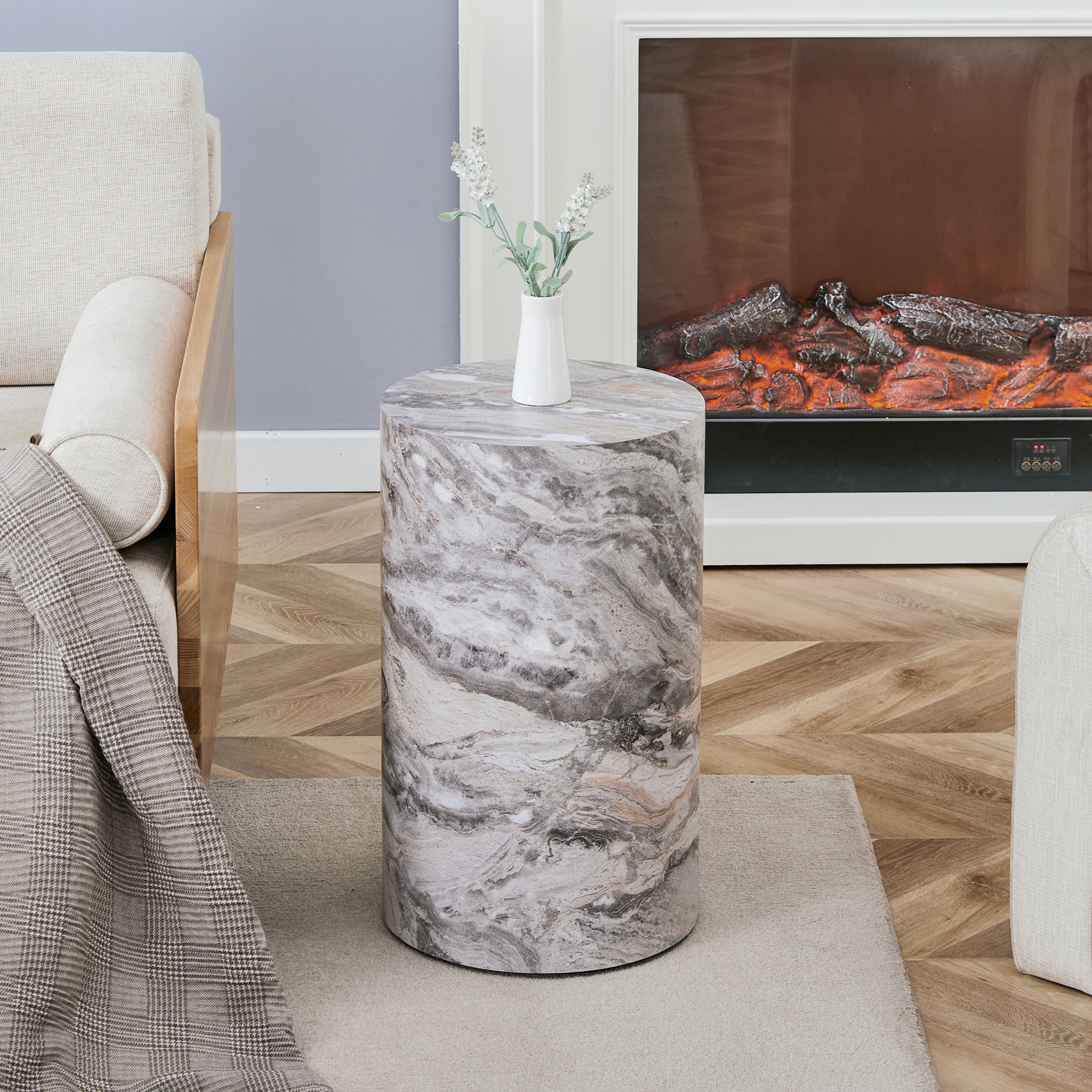 Simple Grey Marble Textured Cylindrical Coffee Table, 12-inch Diameter X 19.7 Inch Height, MDF Material Living Room Furniture. Suitable For Industrial Style Living Rooms.