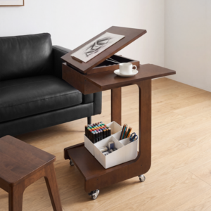 Solid Wood C Shaped End Table, Rolling Side Table With Adjustable & Foldable Desktop, Couch Table With Laptop Stand For Couch, Living Room, Bedroom, Office Walnut