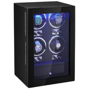 Watch Winder, Watch Winder For 4 Men's And Women's Automatic Watches, With 4 Super Quiet Japanese Mabuchi Motors, Blue LED Light And Adapter, High-Density Board Shell And Black PU