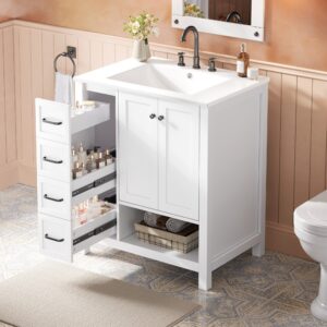30 Bathroom Vanity With Sink Top, Bathroom Vanity Cabinet With Two Doors And Two Drawers, Solid Wood, Open Shelf, MDF Boards, One Package, White