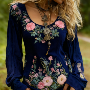 Women's Vintage Rose Print And Floral Applique Embroidery Casual Crew Neck Shirt