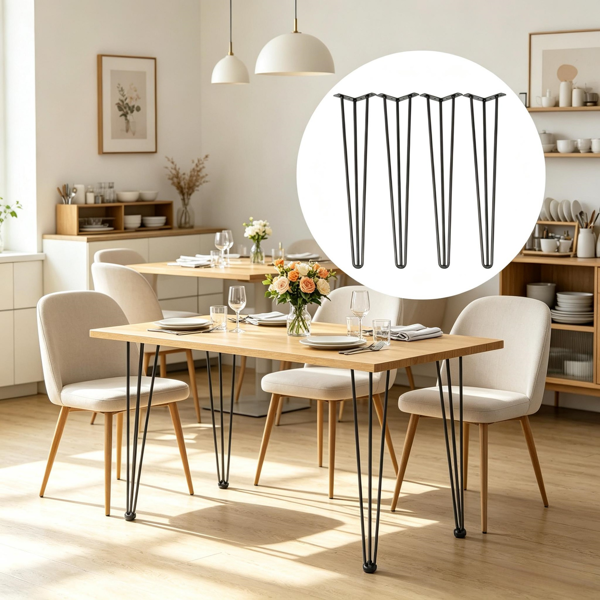 Set Of 4 Black Hairpin Table Legs, 22inch 3-Rod Design, 880 Lbs Total Load Capacity Only Table Legs