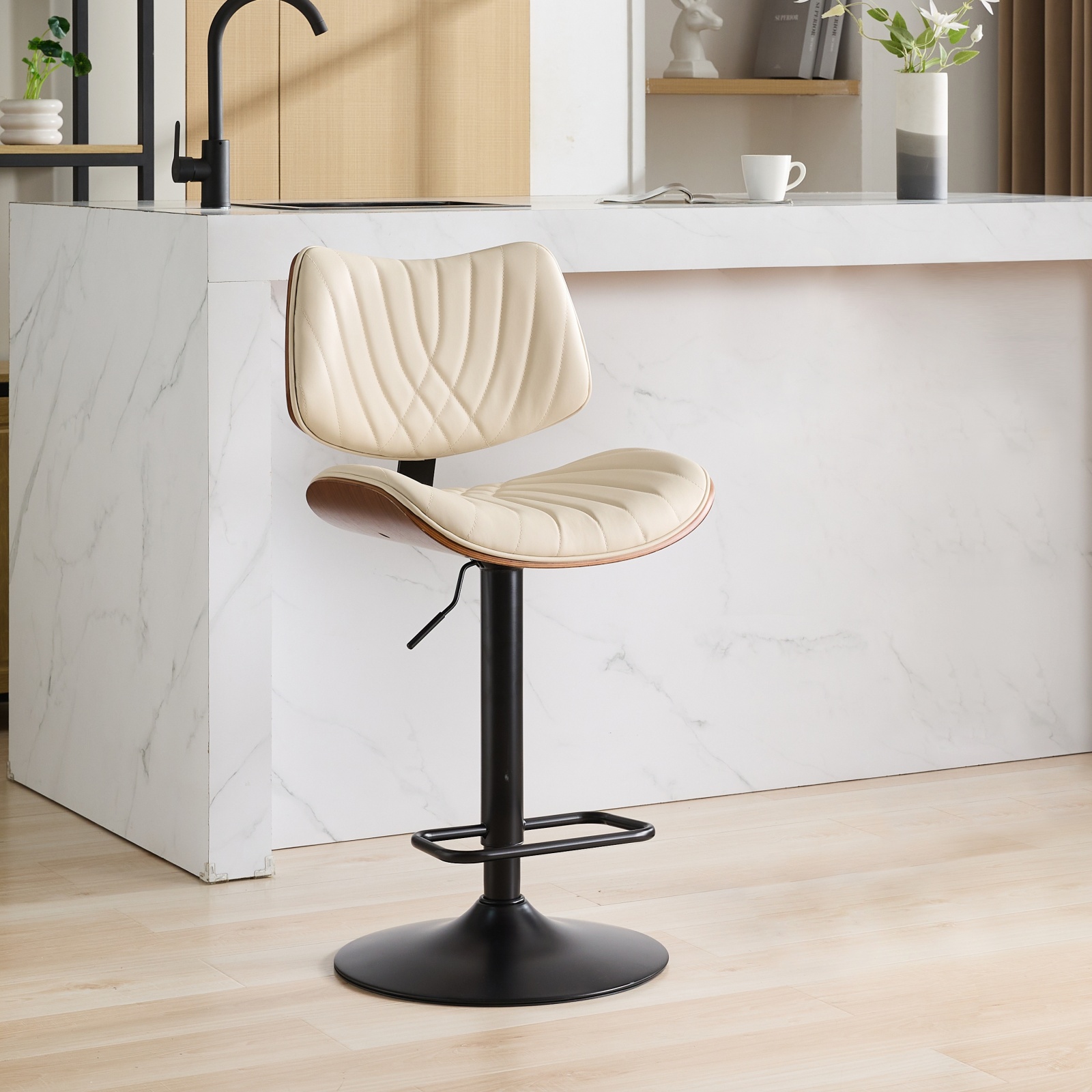 Walnut Bentwood Bar Stools Mid Century Modern Adjustable Counter Height Black Leather Upholstered 360 Swivel Bar Chairs For Kitchen Island Dining Room Cafe, 1 Chair 1carton,Beige